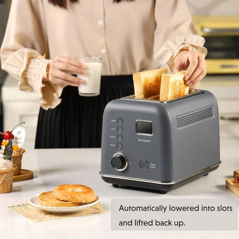 Motorized Toaster, 2-Slice Smart Digital Leverless Toaster with LCD Countdown Timer, 9-Shade Settings for Toast, Bagels