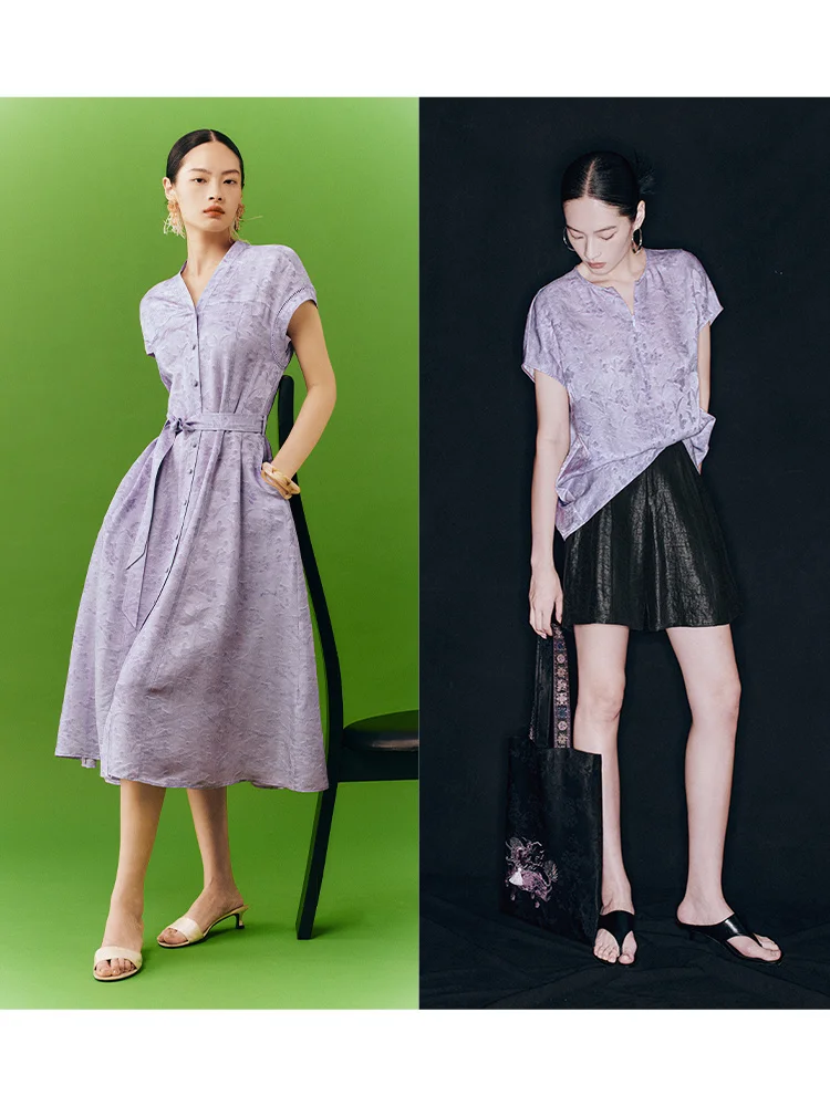 

Wind Home Narrow Cro Cold Dyeing Woven Silk Bamboo Rhythm Purple ort Sve V-ne Zipper Waist-cinching Dr LT0727