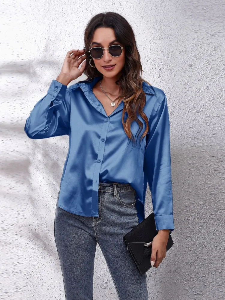 New Women's Fashion Color Ding Shirt Women's Satin Simulation Silk Solid Color Long Sleeve Single Breasted Shirt