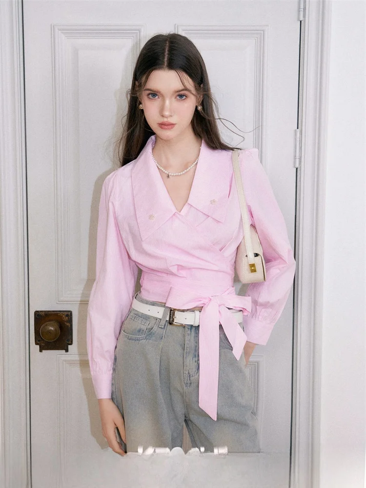 

Новая женская футболка Sweet Girl Feel с длинным рукавом, на пуговицах, с V-образным вырезом, дышащая, комфортная, из смесового полиэстера и хлопка, в полоску