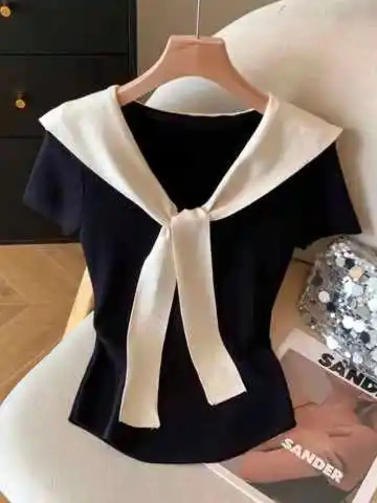 2026 New Summer Women Korean Style Sailor Neck Short Sleeve Knitted Tops Hit Color Shawl Design Short Fake two T-shirt Tops