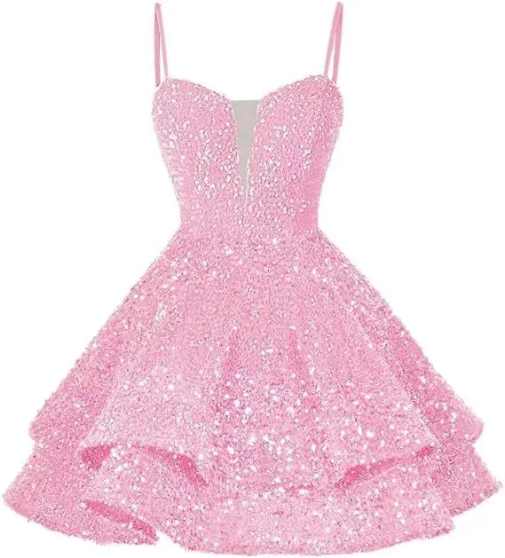 Spaghetti Strap Cocktail Gown Short Mini Skirt Sequined Cocktail Party Dresses Pink Color