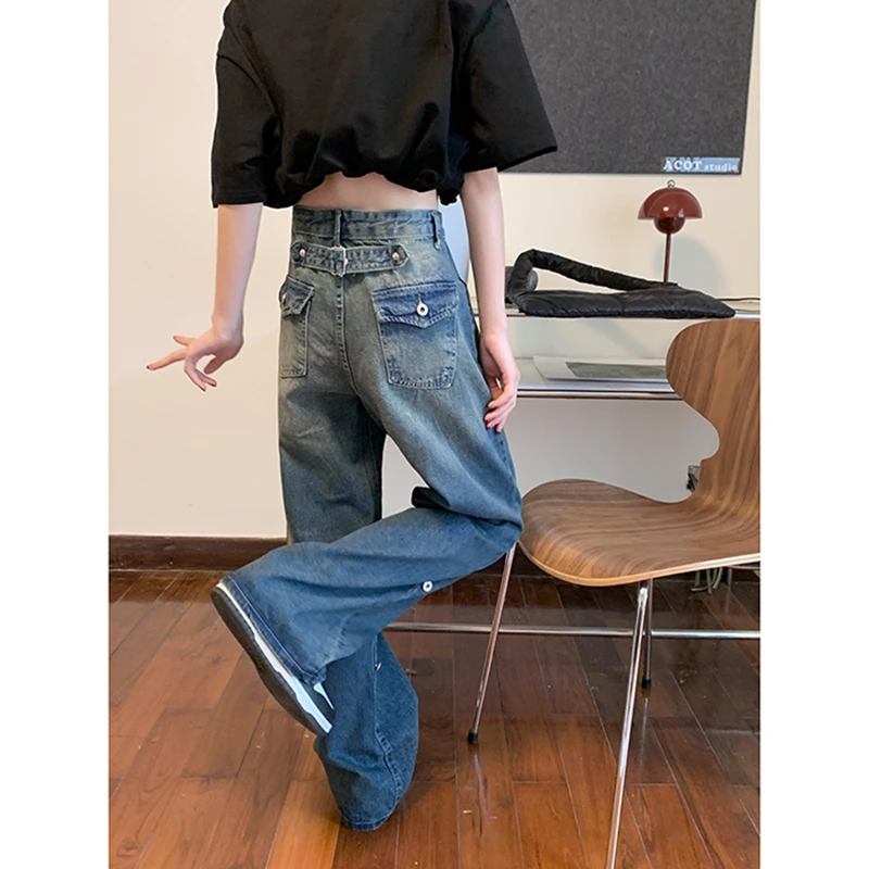 Blue Women\'s Straight Jeans High Waist American Style Streetwear Vintage Pants Chic Design Casual Ladies Denim Wide Leg Trouser