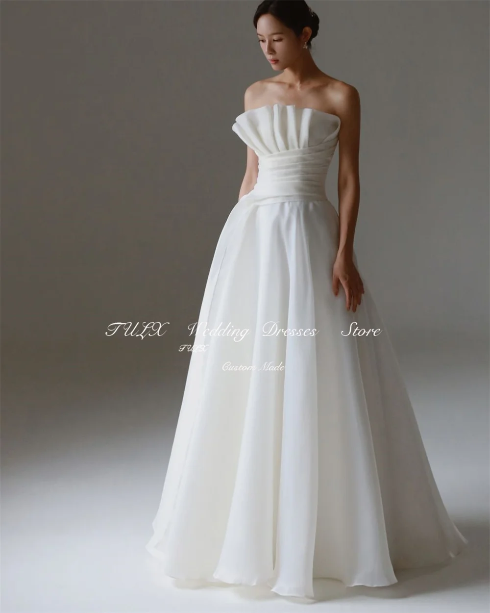 TULX Elegant Strapless Pleat Korea Organza Wedding Photo Shoot Dress 웨딩드레스 Corset Back Floor Lengt Bridal Gowns Customized