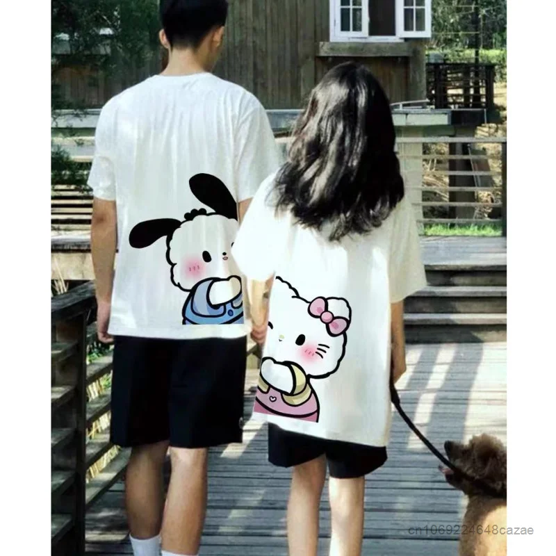 Sanrio New Couple Design T-shirts Women Hello Kitty Men Pochacco Cute Tops 2 Piece Y2k Summer Short Sleeve Fashion Loose Tees