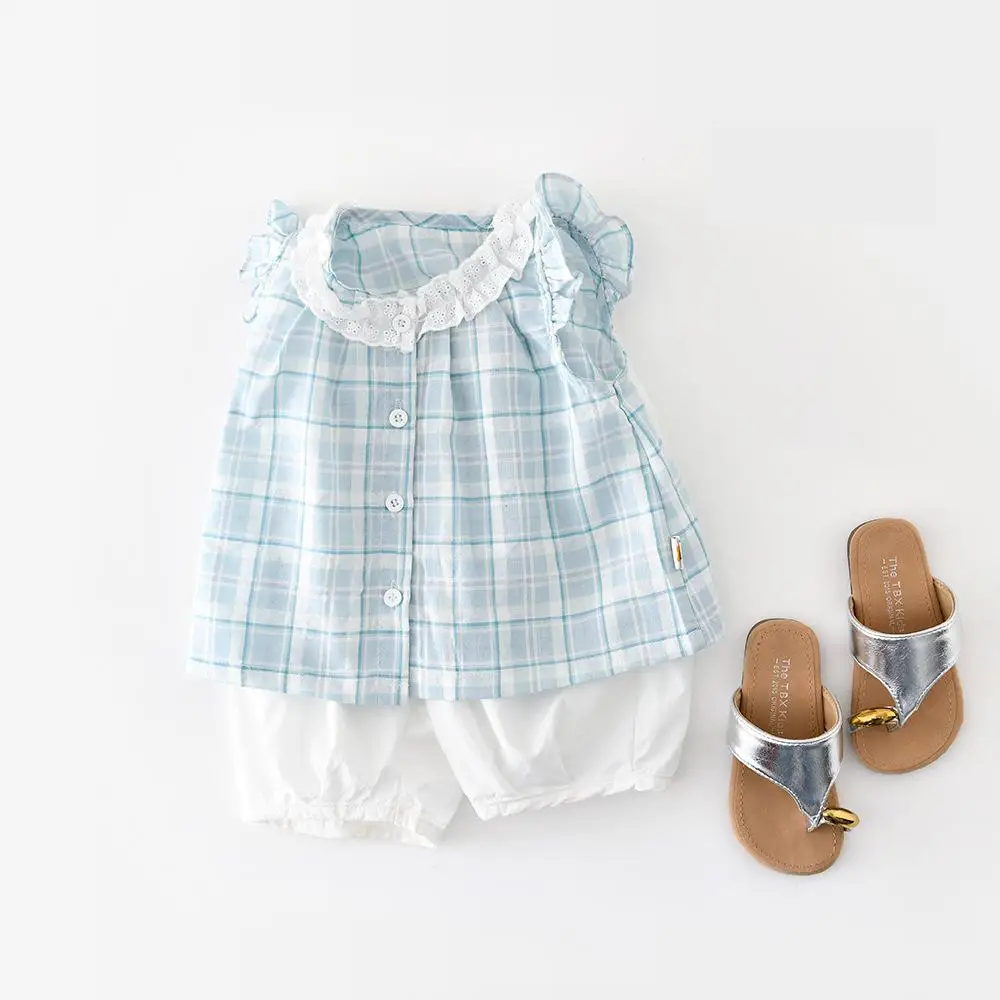 2026 Summer New Baby Girl Fly Sleeve Lace Collar Shirts Toddler Loose Tops Cotton Infant Girls Sleeveless Plaid Blouse
