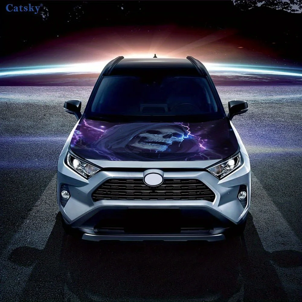 الأرجواني البرق الجمجمة غطاء السيارة ملصقات مصورة التفاف الفينيل فيلم غطاء المحرك الشارات ملصق غطاء السيارة طبقة رقيقة واقية #3