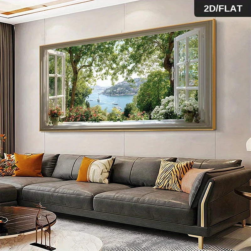 Modern Abstract Window to a Garden Scene Canvas Painting - Open Window View with Greenery, Floral Accents -  Living Room & Bedro