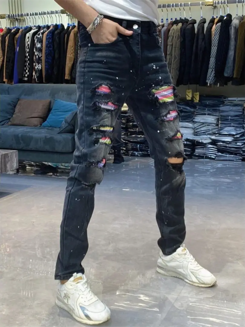 

Slim Fit Elastic Denim Jeans Men's Faion Personali Patched Hole Youth Slimming Trendy Casual Jeans mid Waist Zipper