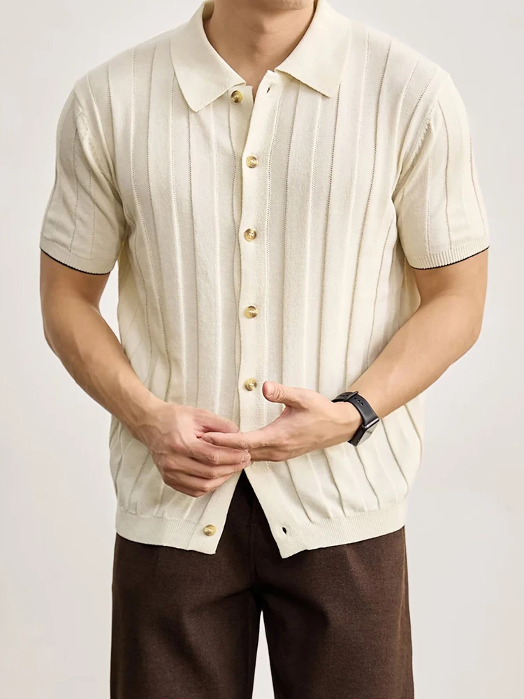 2026 Summer Fashion Mens Knitting Shirts Vintage Turn-down Collar Button-up Shirt Casual Slim Stretchy Knit Cardigan Tops