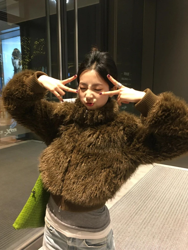 Cappotti scaldacollo in pelliccia sintetica Tasche da mezza stagione da donna Colletto stampato di media lunghezza Scaldacorpo Ricamo caffè Cintura diagonale