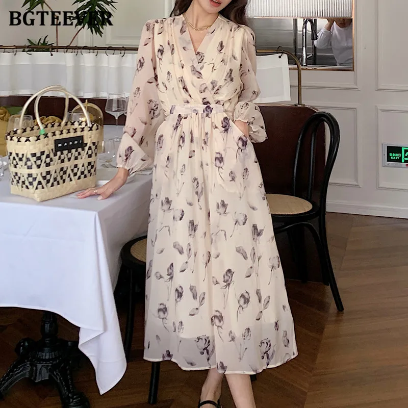 BGTEEVER Elegant Slim Waist Pockets Ladies Floral A-line Dress V-neck Puff Sleeve Women Printed Dress Spring Summer Vestidos