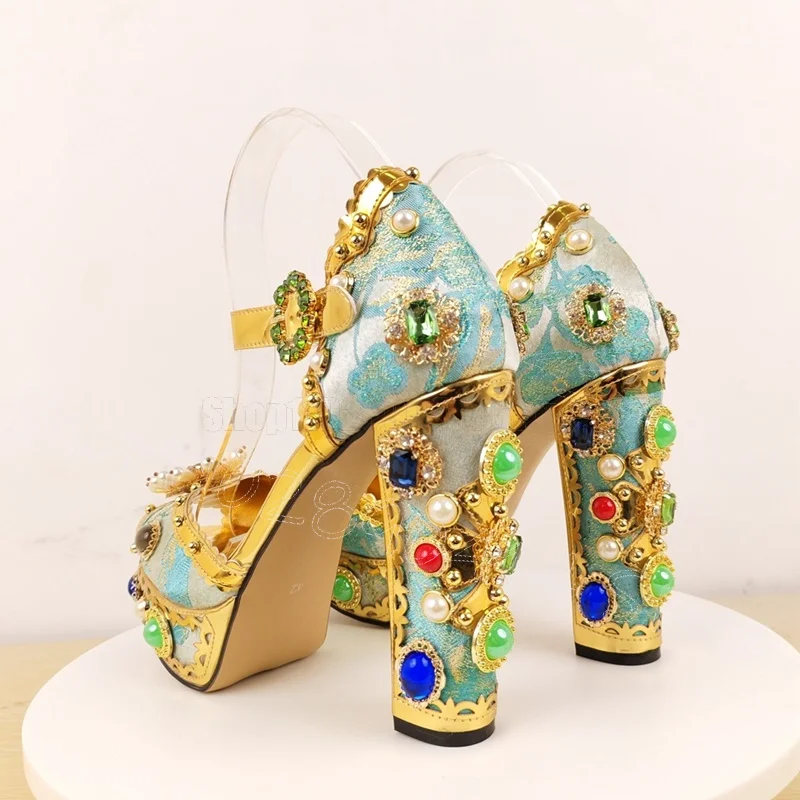 Embroidery Design Crystal Beads Platform Sandals Buckle Strap Women Shoes Chunky High Heels Party Feast 2025 Zapatos Para Mujere