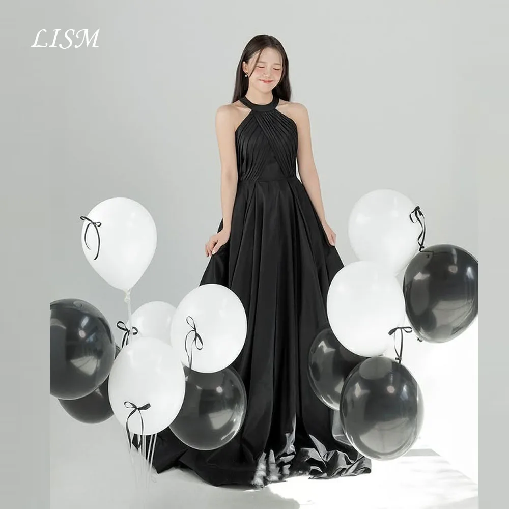 فساتين سهرة كورية رسن سوداء من LISM على شكل حرف A من الحرير والساتان فساتين زفاف طويلة في الهواء الطلق تبادل لاطلاق النار فستان مخصص عندساء