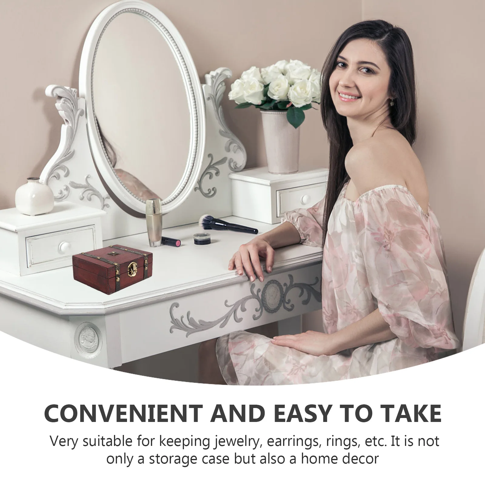 

Vintage Wooden Jewelry Storage Box Case Organizer Golden Flower Pattern Front Metal Buckle Decorative Treasure Chest For