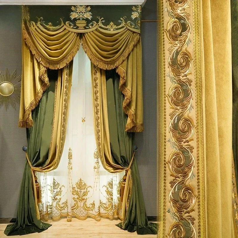 

Custom Size Fashion Luxury European Curtains for Living Room Olive Green Velvet Fabric Custom Curtains for Bedroom Yellow Tulle