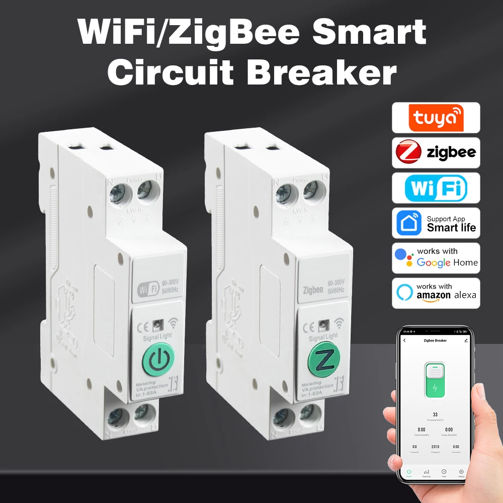 

Умный автоматический выключатель Tuya WiFi/Zigbee 1P + N 63A, переключатель на DIN-рейку с измерением, умный выключатель, голосовое управление для Alexa Google Home