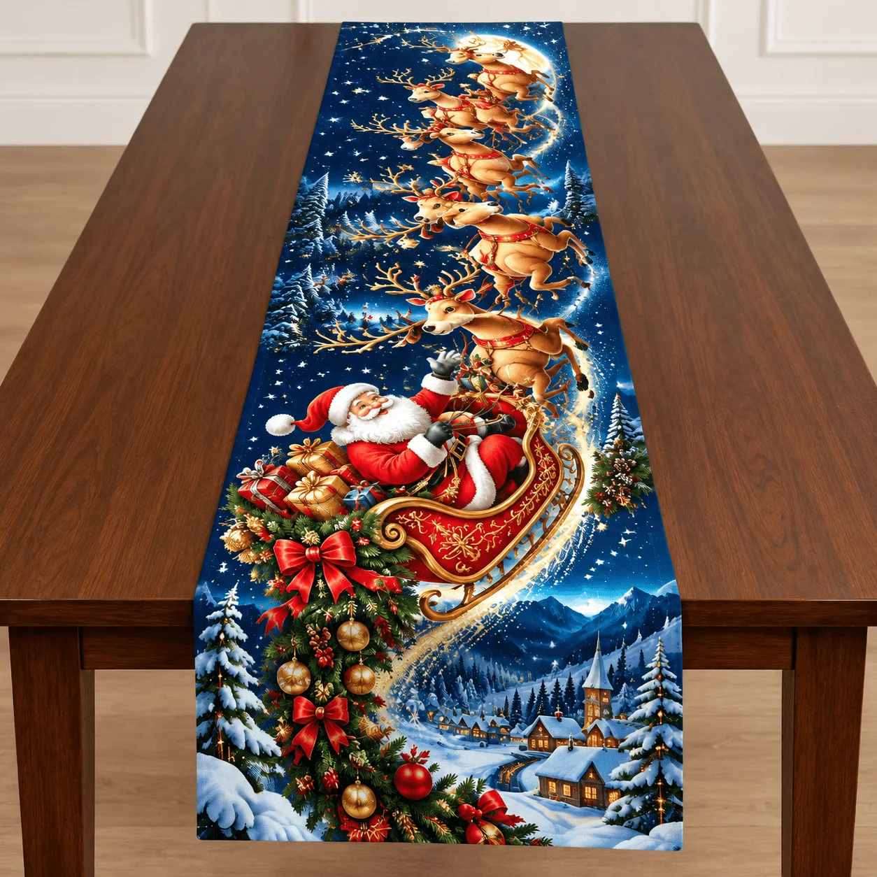 1 table flag, Santa reindeer sleigh themed linen table flag, dark blue starry sky with red and gold sleigh