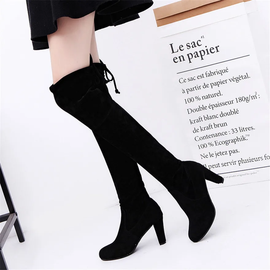

Big Size 35-43 Women Over-the-Knee Boots New Winter Soft Flock Thick Heels Fashion Pointy Toe Lace-Up Long Boot Party Work Shoes