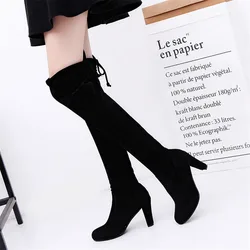 Big Size 35-43 Women Over-the-Knee Boots New Winter Soft Flock Thick Heels Fashion Pointy Toe Lace-Up Long Boot Party Work Shoes