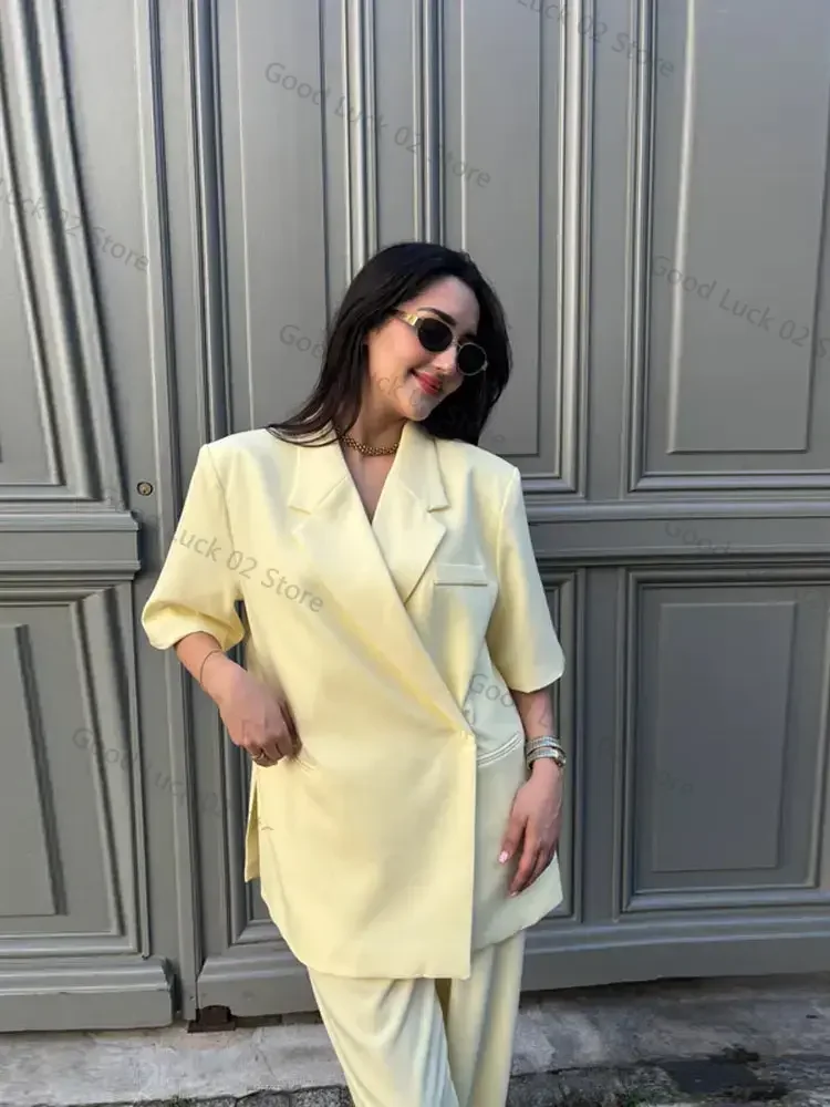캐주얼 여성 블레이저 코트 반팔 턴다운 칼라 포켓 솔리드 레이디 코트 2025 여름 가을 여성 스트릿 아우터