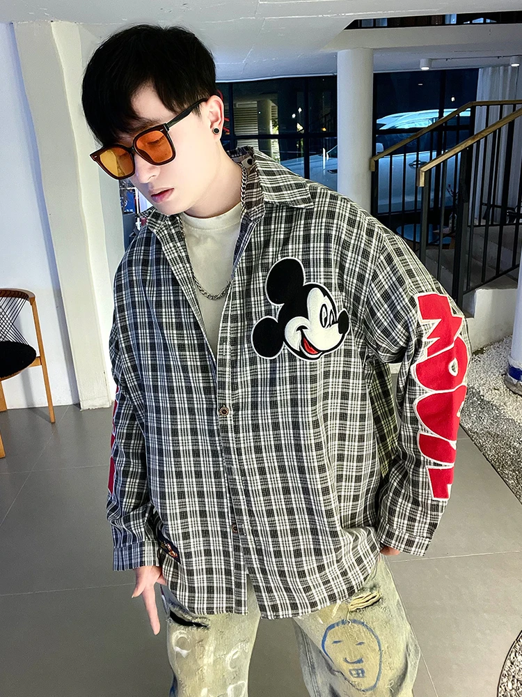 

Retro American Miey Embroidered Plaid Long Sve Loose Men's irt Casual Sle Spring Faion Outerwear Coat Jaet