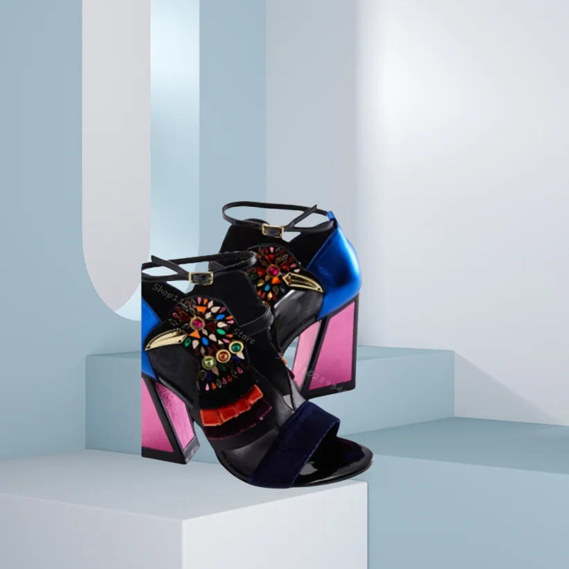Mixed Color Crystal Decor Totem Sandals Cover Heel Strange Style Chunky High Heels Women Summer Fashion Shoes Zapatillas Mujer