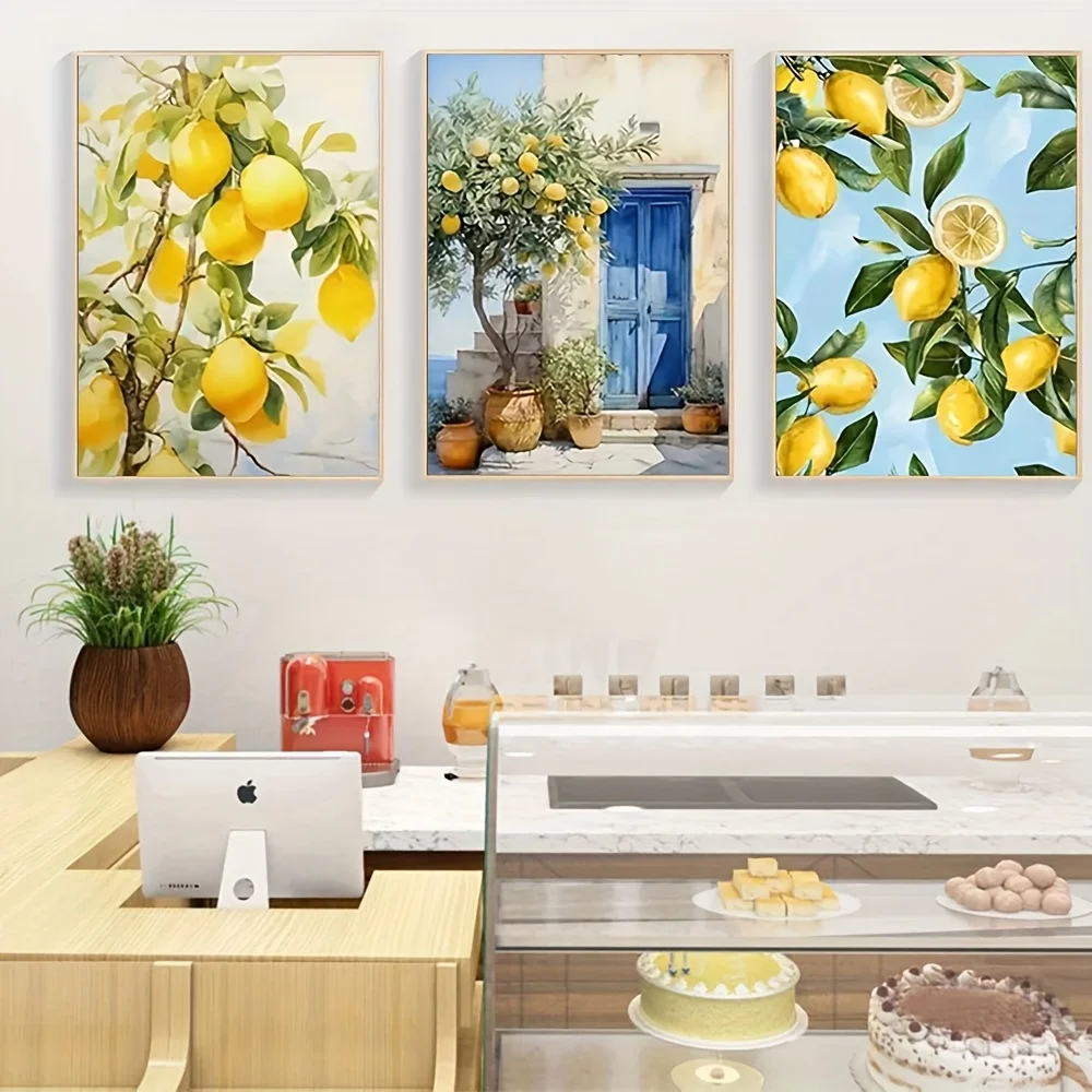 3pcs Lemon Tree Mediterranean Wall Art Set - Lemon & Olive Branch Canvas Posters, Greek/Turkish-Inspired Lemonade Stand Decor