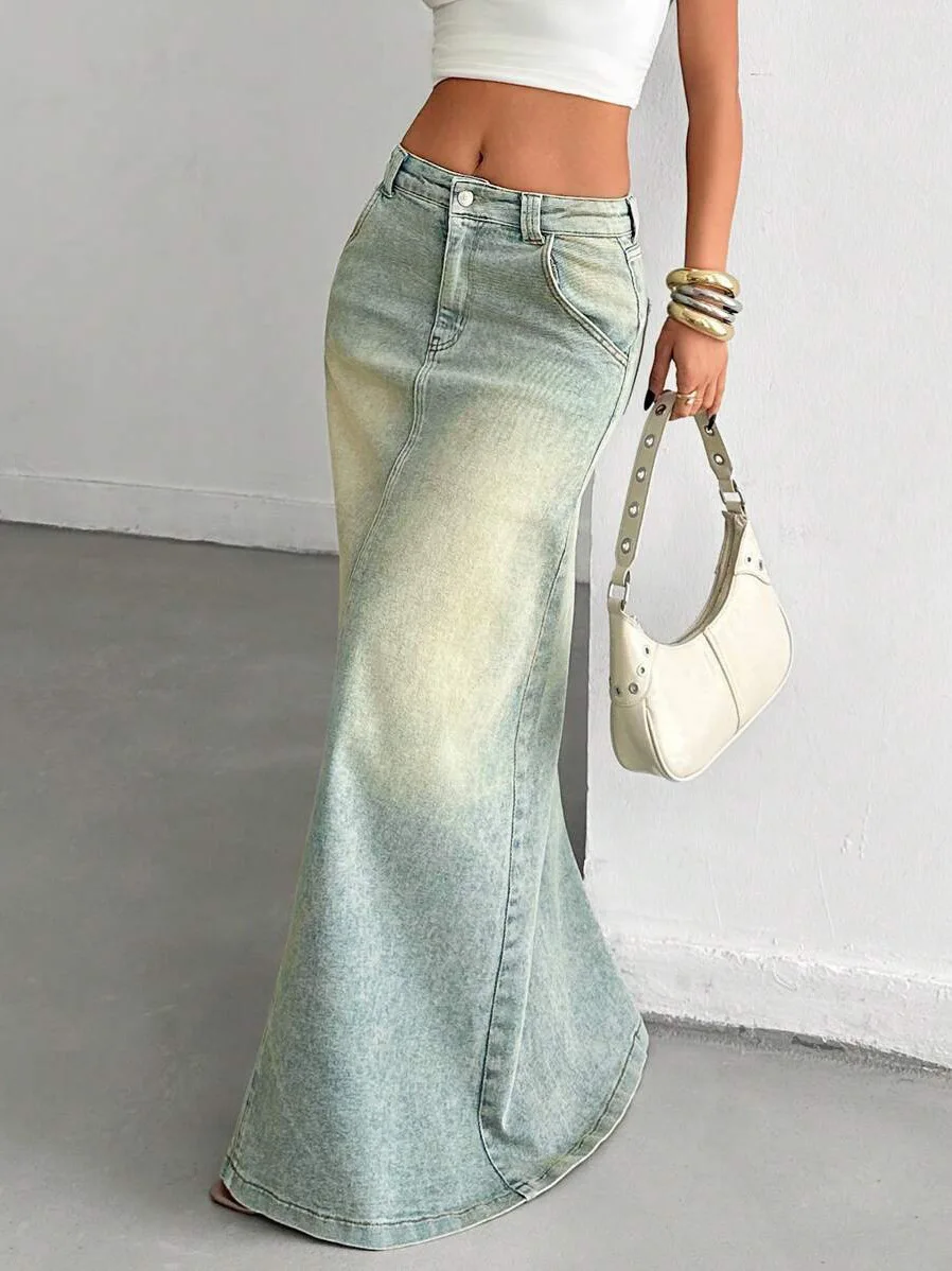 

Vintage Split Cowboy Skirt For Women Fashion Low Waist Versatile Hip Hugging Skirts 2025 Summer New Casual Light Blue Half Dress
