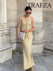 TRAFZA Summer Fashion Women Suits Khaki V-Neck Sleeveless Pockets Single Breasted Waistcoats+High Waist Asymmetrical Slim Skirt