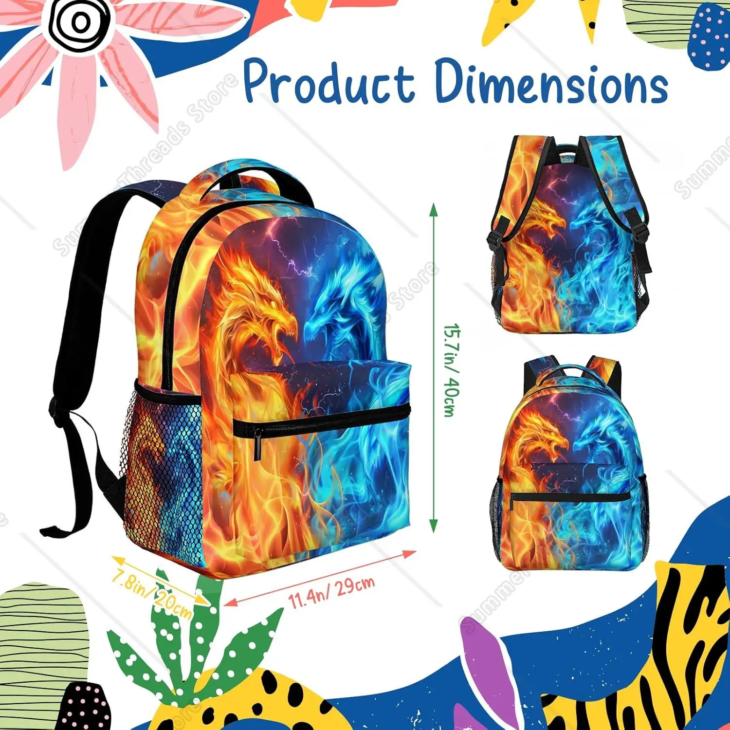 Sac à dos Dragons pour garçons et filles, sacs à livres de feu rouge et bleu, légers et réglables, pour lycée élémentaire