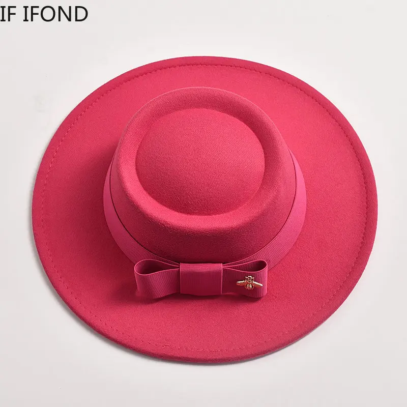 Fedora Hut für Frauen Flat Top konkaven Design elegante Dame Bogen Filz Jazz Hüte bunte Hochzeits feier runde Kleider mützen