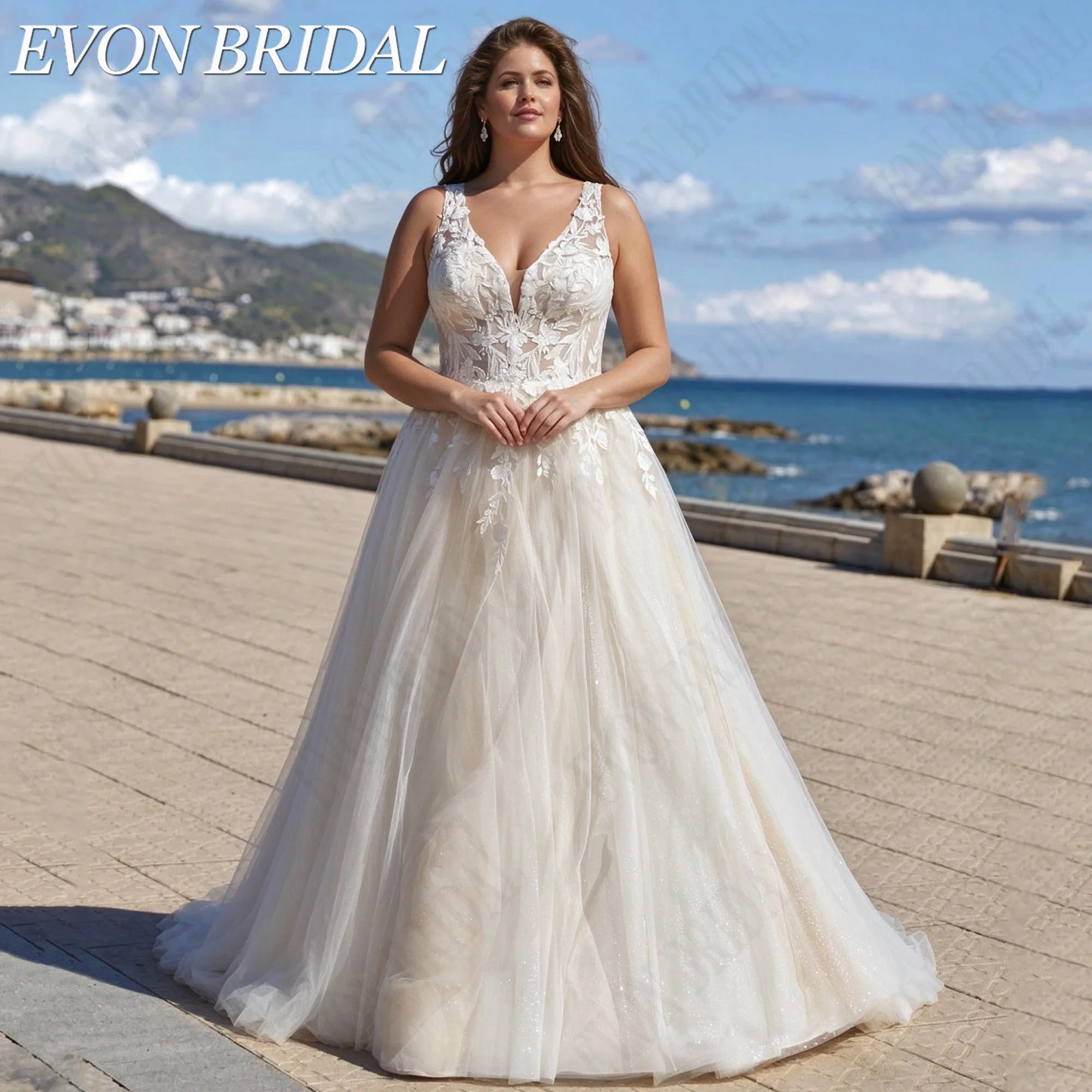 EVON BRIDAL Plus Size Customized Glitter Tulle Wedding Dress A Line Lace Appliques Bride Gown Spaghetti Strap Vestido De Noiva