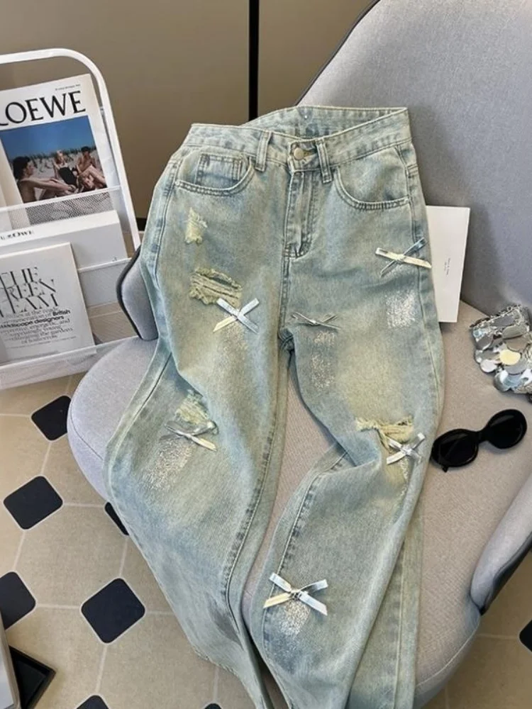 Sweet Cool  Knot High Waist Wide Leg Denim Pants Women's Summer Meat Conceal Slimming Drapey Floor-Length Trousers