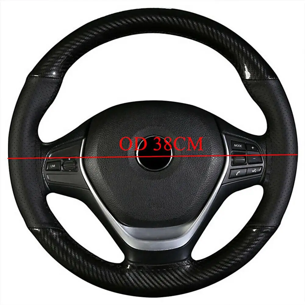 Car Leather Steering Wheel Cover Carbon Fiber Pattern Fashion Sport Hand Stitched Soft Anti-slip Breathable Sleeve Universal