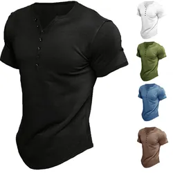 Summer Fashion Mens Small V Collared Short Sleeve T Shirts Man Solid Color Henry Shirt For Men Tee Shirt Homme Camiseta Hombre