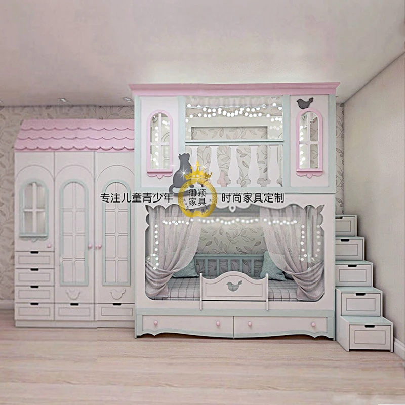 girl's up and down bed, two layers of solid wood bed, double layers of high and low fantasy pink mother and child bed