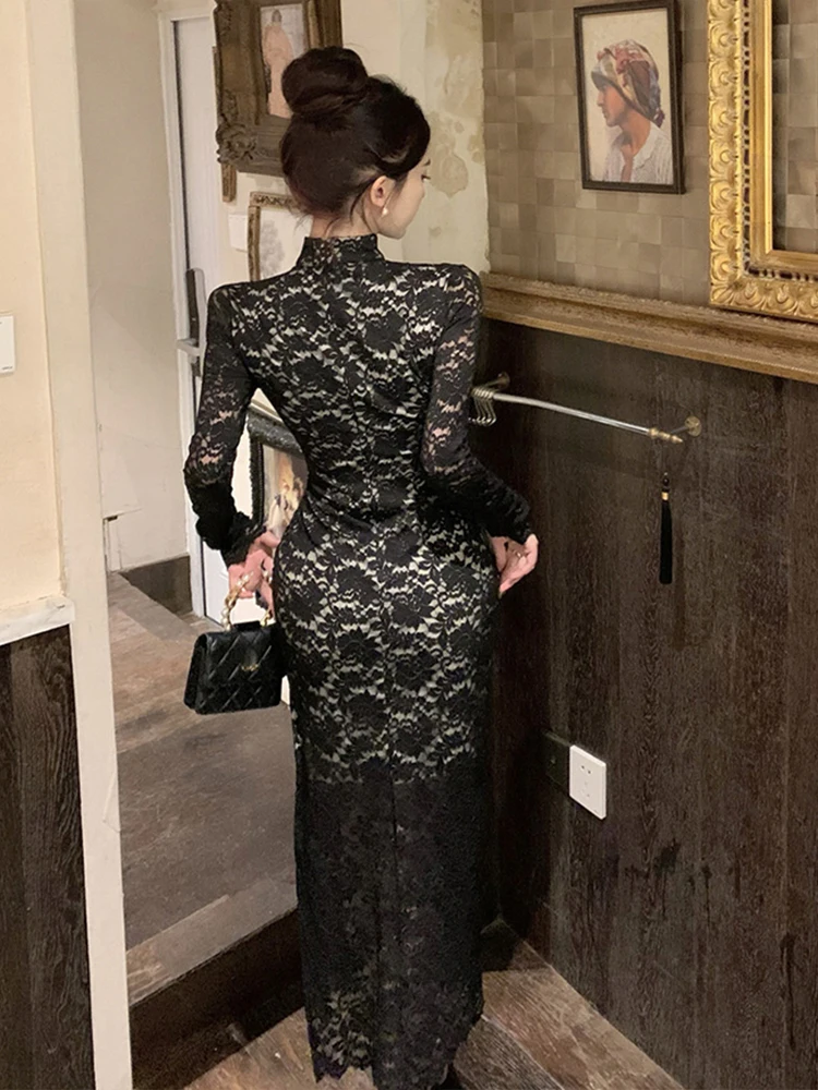 Vintage Celebrity Black Evening Party Dresses Women Sexy Qipao Sheer Cut Out Slit Maxi Robe Lady Prom Banquet Cheongsam Vestidos