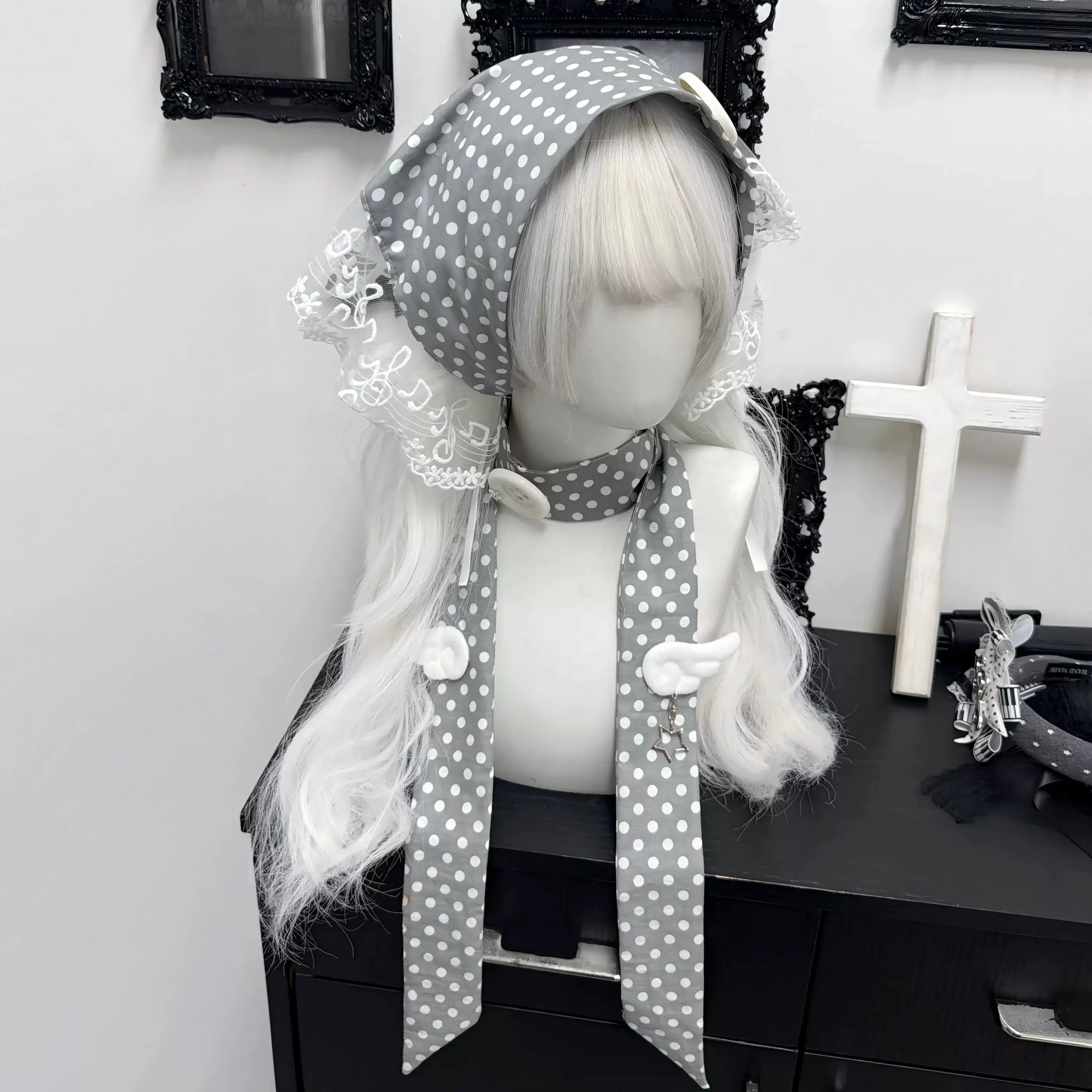 Original Musical Note Lace Button Headpiece Polka Dot Triangle Scarf Otaku Y2K Angel Wings Headwear Doll KC Hair Accessory