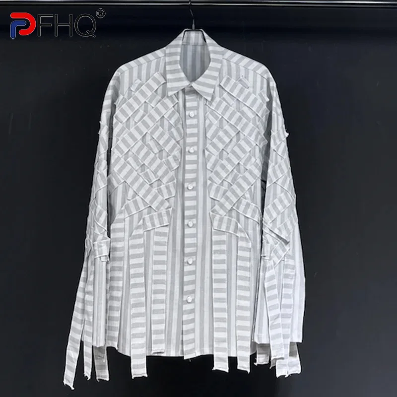 

PFHQ Striped New Textured Flower Shirt Lapel Long Sleeves Loose Slimming Top Turn-down Collar Patchwork Male Tops 21Z5751