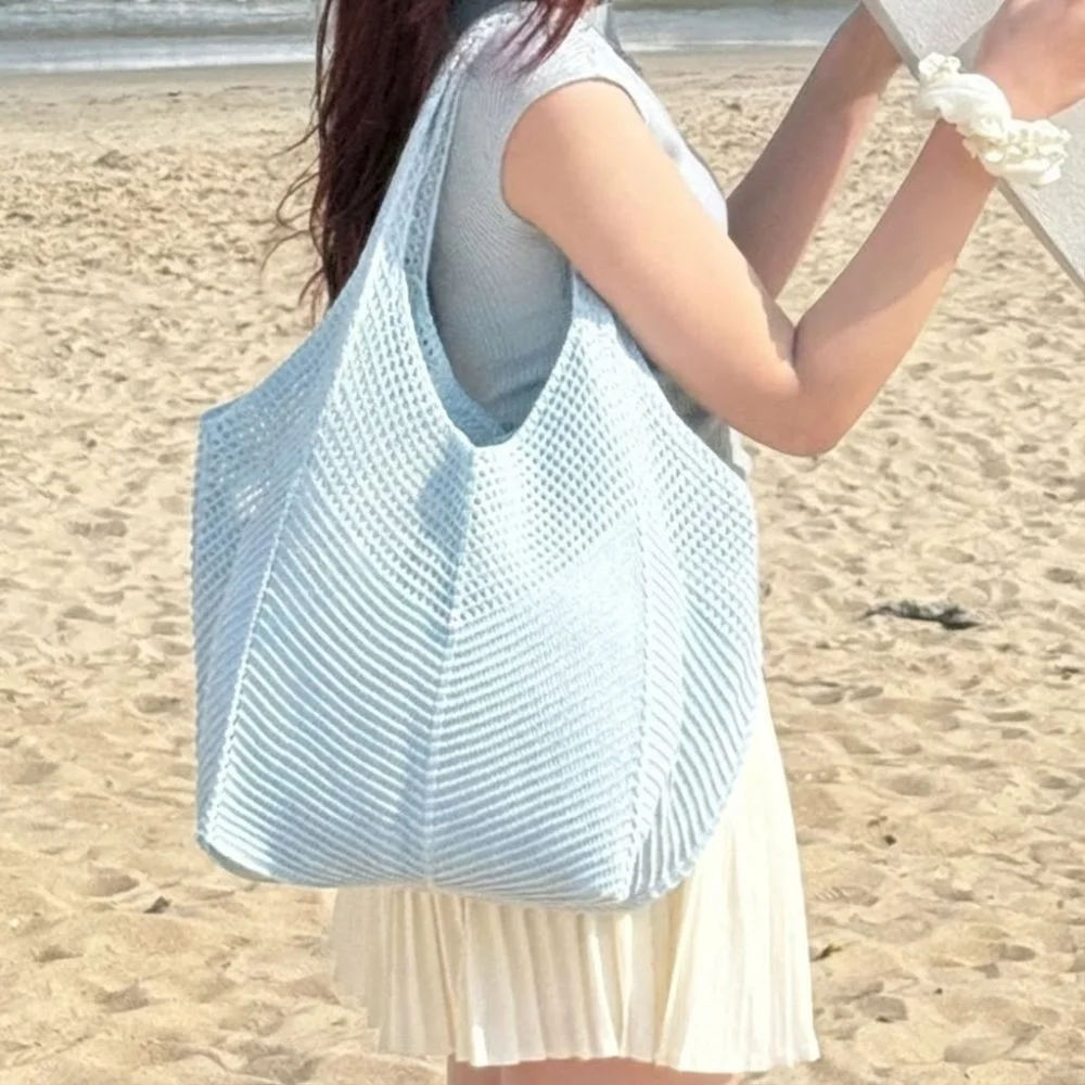 

Fashion Hollow Out Woven Shoulder Bags Large Capacity Solid Color Beach Handbag Knitted Crochet Shopping Tote Bag Summer