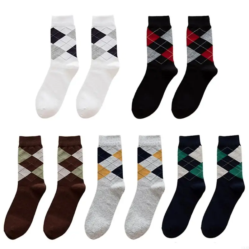 LXAD Men Autumn Cotton Socks Vintage Argyle Plaid Patterned Print Breathable Formal Business Casual Tube Hosiery