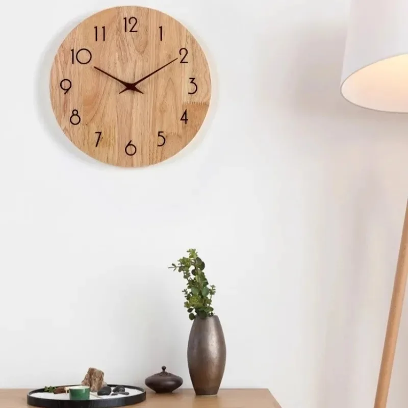 Solid Wood Nordic Silent Wall Clocks Circular Wood Grain Borderless Living Room Wall Clocks Modern Simple Creative Home Decor