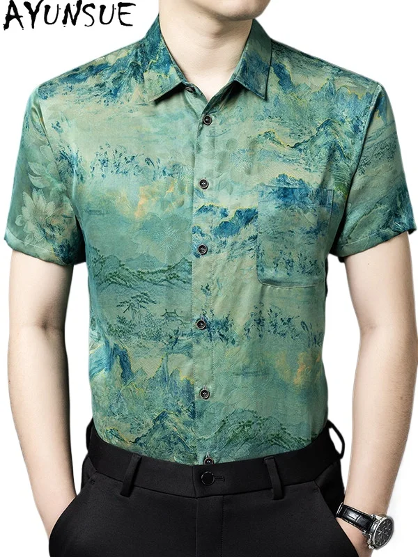 

AYUNSUE High-end 100% Natural Mulberry Silk Shirt Men Clothing 2026 Summer Casual Gauze Silk Printed Shirt Man Short Sleeve Tops