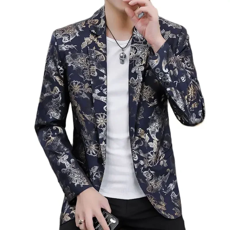 Gold Print Blazer Jacket Men Korean Trend Streetwear Mens Clothing Casual Suit Coat Male Slim Fit Blazer Masculino Black White