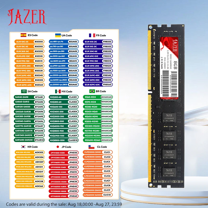 JAZER Memoria Rams DDR3 1600MHz New Dimm 1.5V Desktop Memory Compatible AMD And Intel