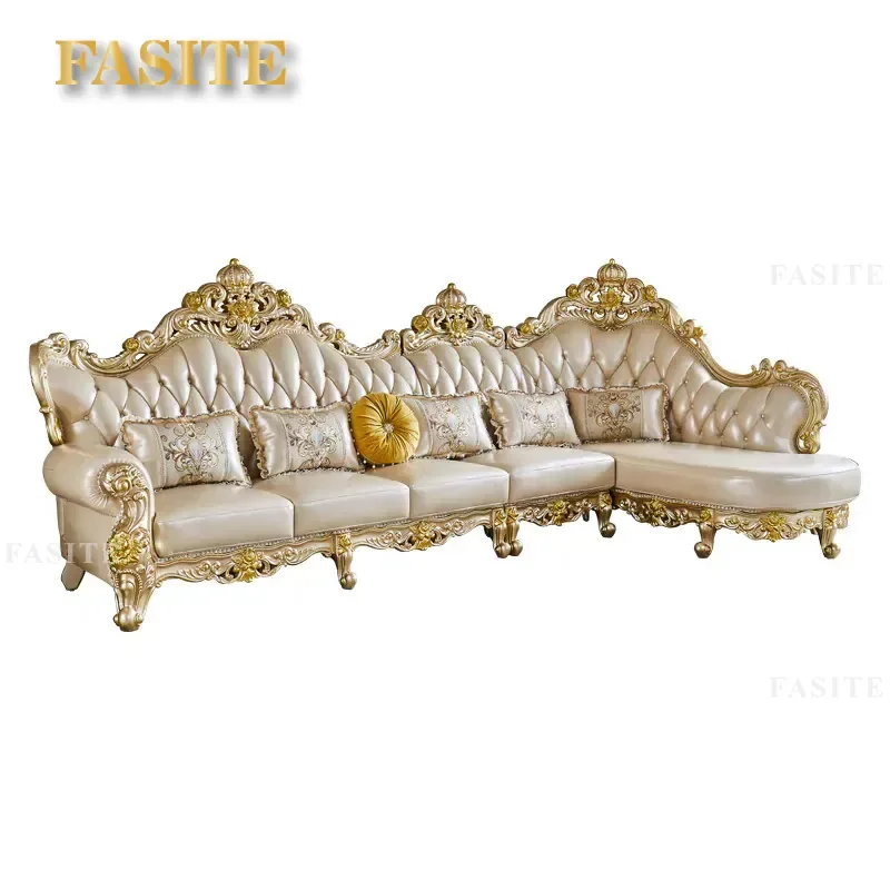 For European Living Room L-Shaped Corner Sofa All Solid Oak Wood Carving Cowhide Champagne Gold Furniture