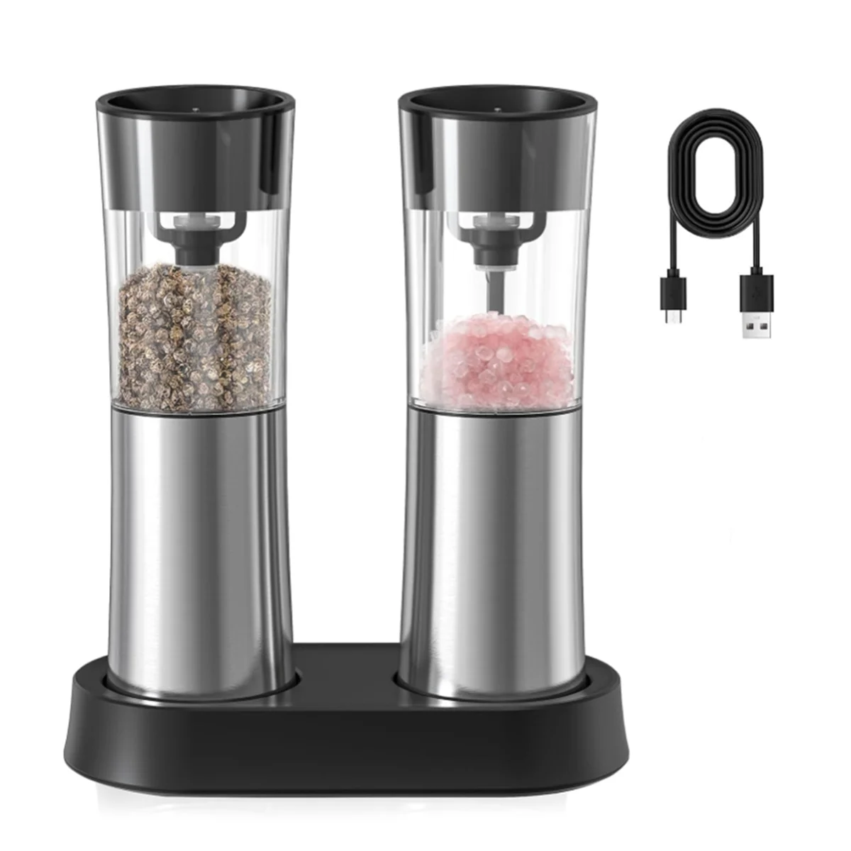 

Electric Salt and Pepper Grinder Set Rechargeable Automatic Grinder with Charging Base LED Light, Adjustable Coarseness