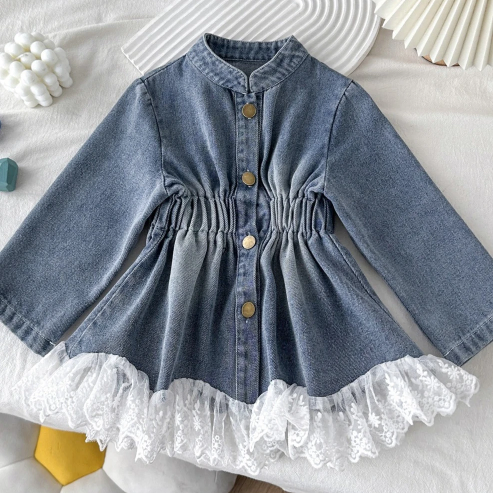 

Girls Skirt 2025 Spring and Autumn New Childrens Clothing Girls Baby Fashion Sweet Lace Denim Skirt Casual Simple Daily