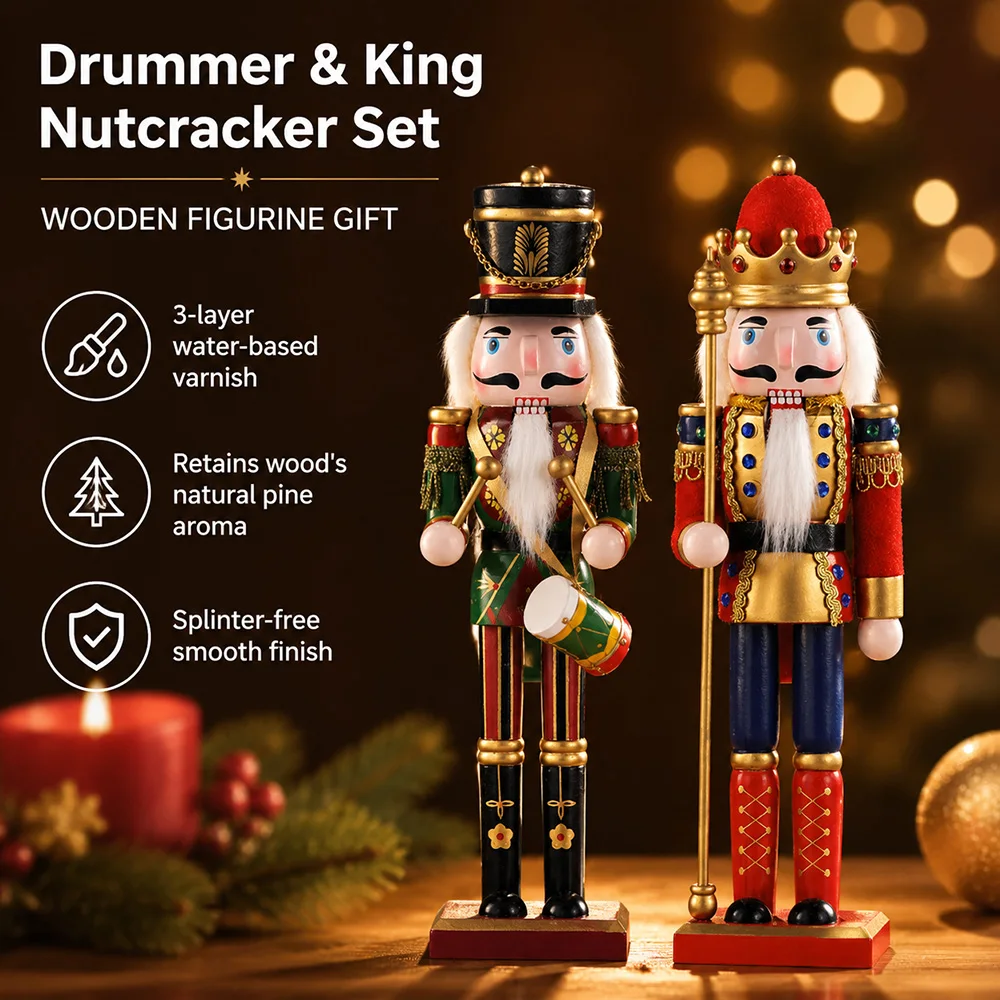 2PCS 30CM Christmas Nutcracker Wooden Nutcracker Ornament Soldier Figure Handcraft Doll Toy Home Office Desktop Decoration Gift